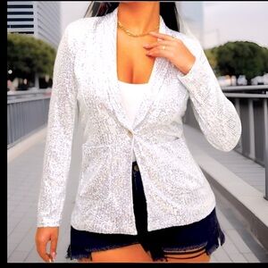 Sexy Rare Blazer Hand Sewn Silver Sequins Lining Button Big Side Pockets Blazer